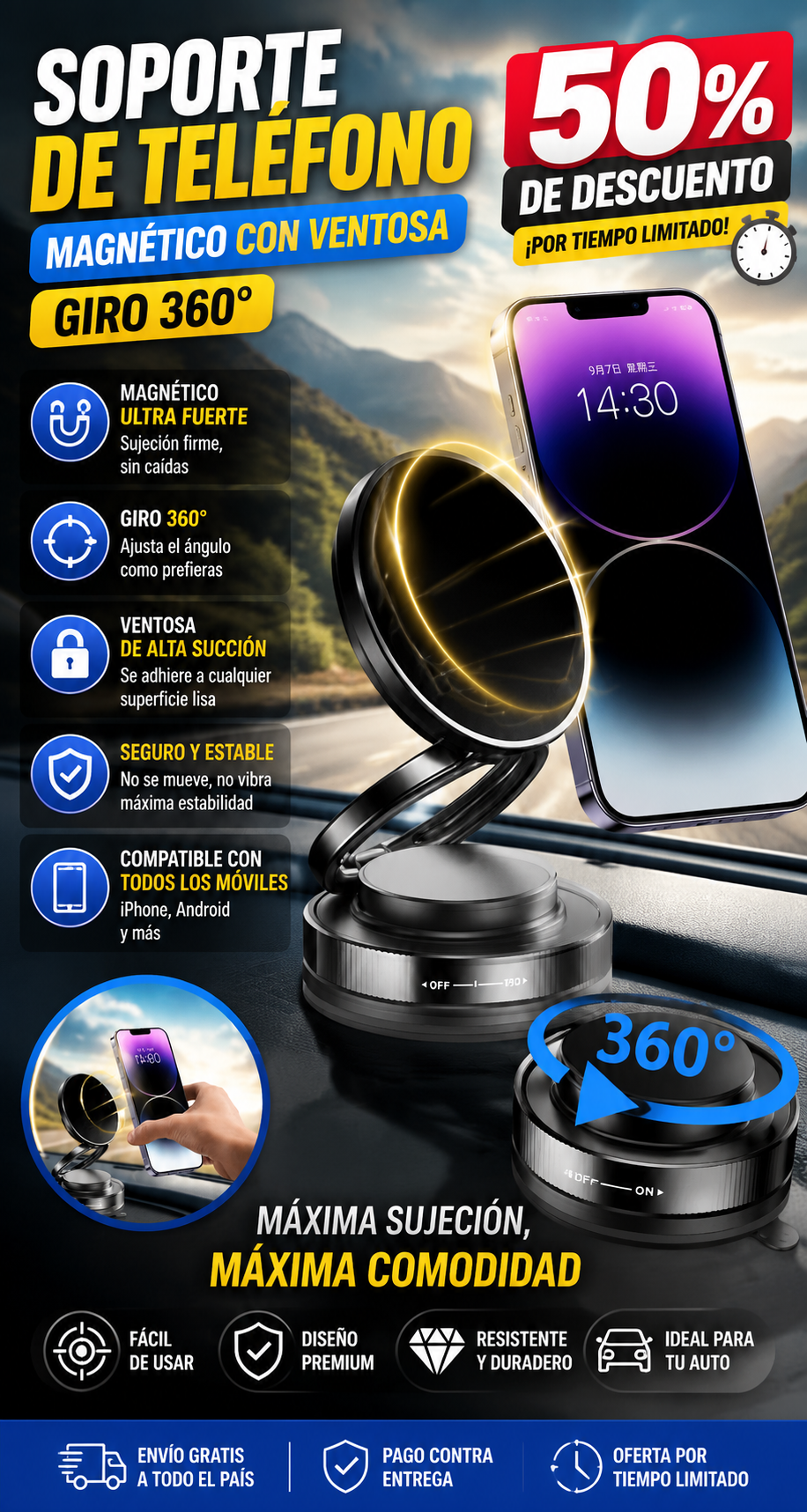 SOPORTE DE TELEFONO MAGNETICO CON VENTOSA GIRO360