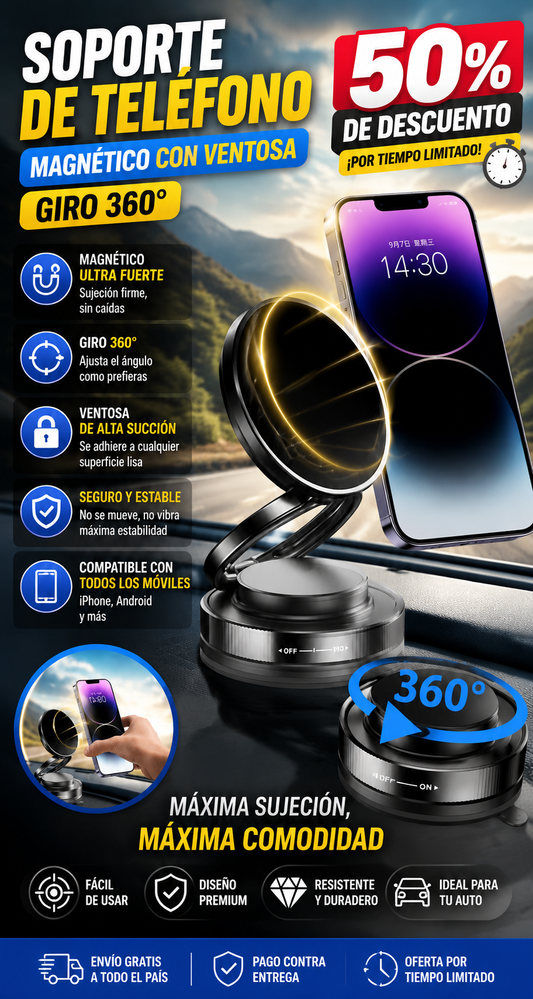 SOPORTE DE TELEFONO MAGNETICO CON VENTOSA GIRO360